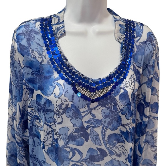 NEW Sunflower Floral Sheer Sequin Swimsuit Coverup Resort Beach Coastal L - Picture 3 of 11